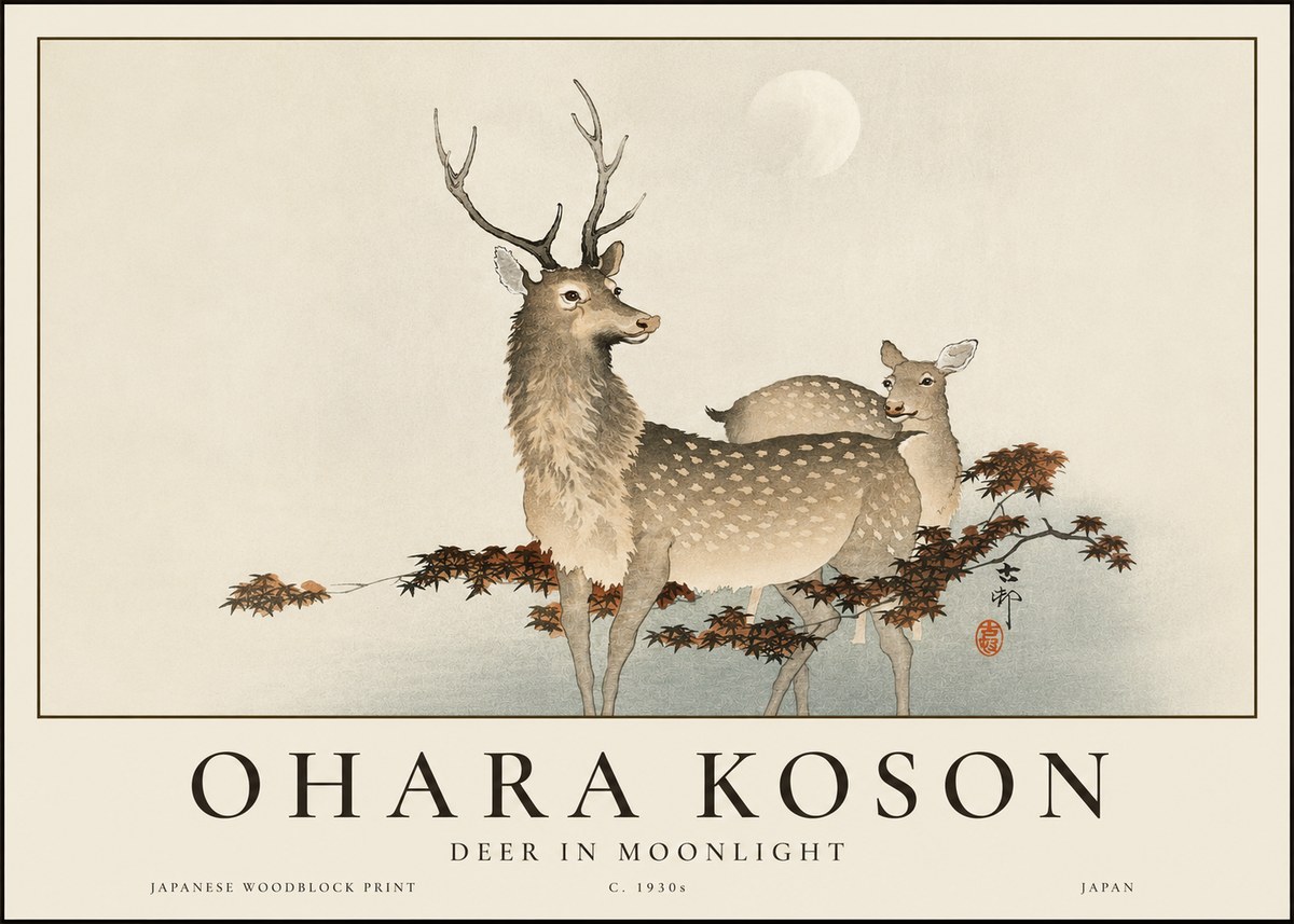Ohara Koson Deer in Moonlight No3 - Plakat