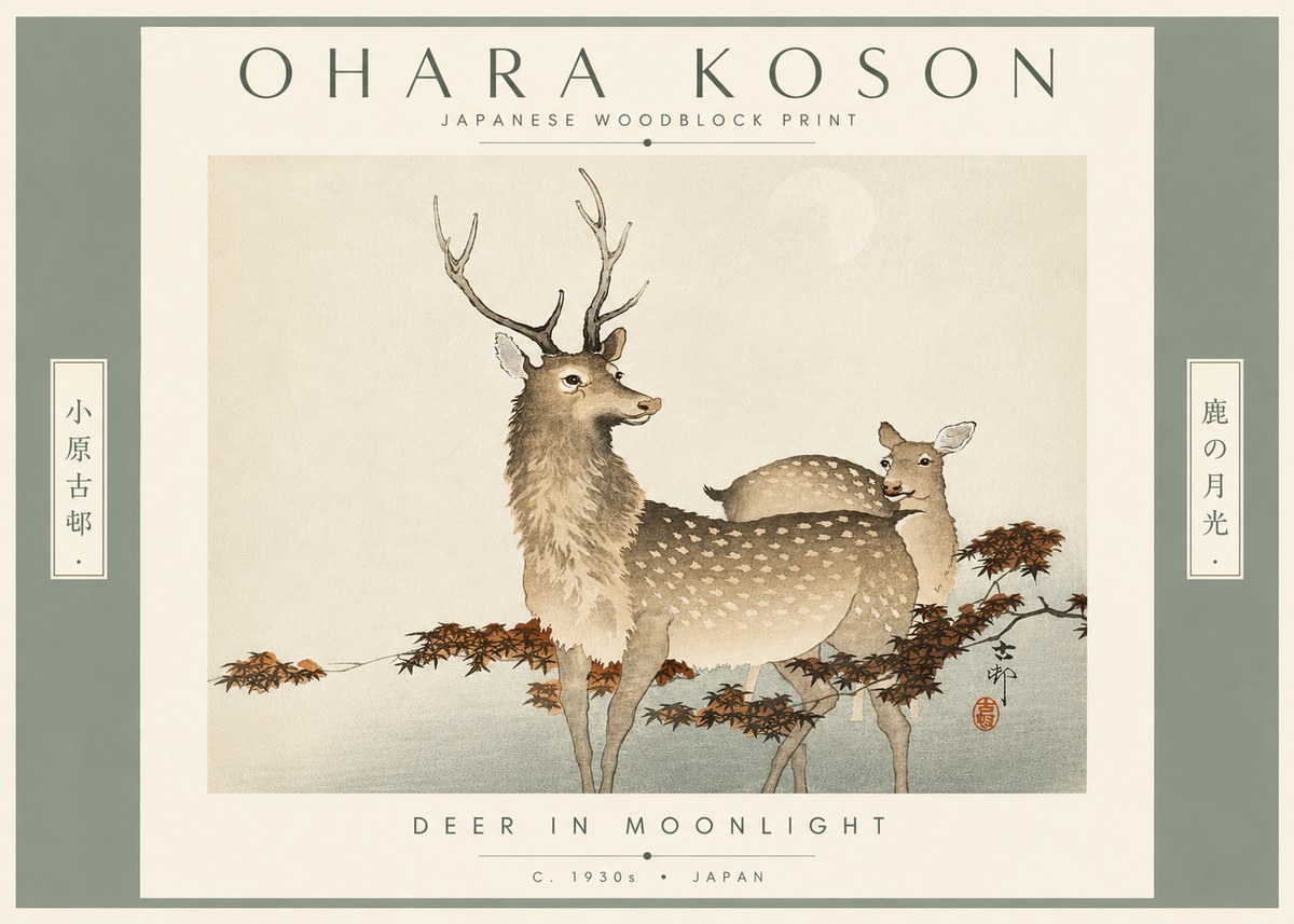 Ohara Koson Deer in Moonlight No4 - Plakat