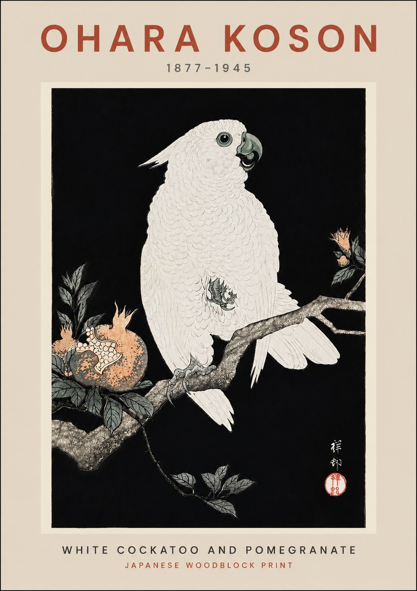 Ohara Koson White Cockatoo and Pomegranate II No2 - Plakat