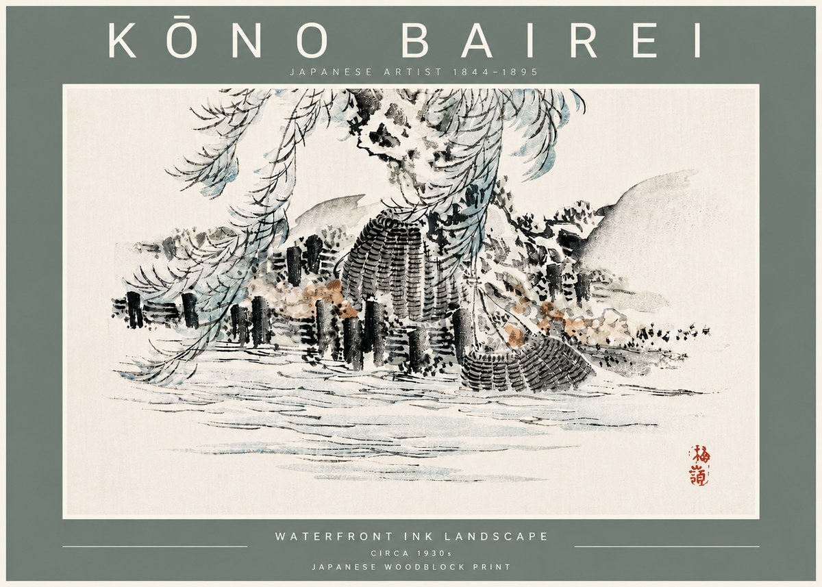 Kōno Bairei Waterfront Ink Landscape No5 - Plakat