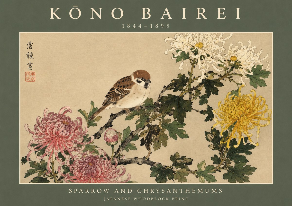 Kōno Bairei Sparrow and Chrysanthemums No2 - Plakat