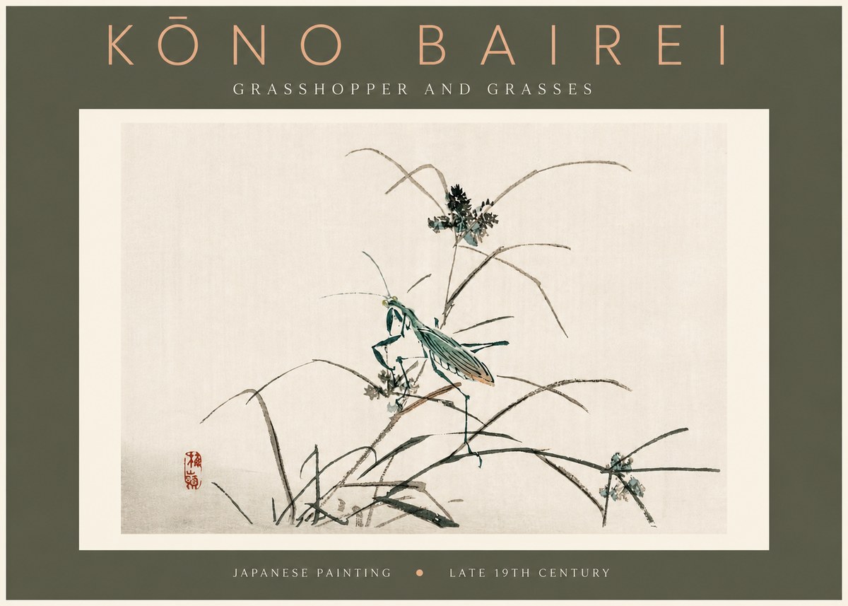 Kōno Bairei Grasshopper and Grasses No4 - Plakat