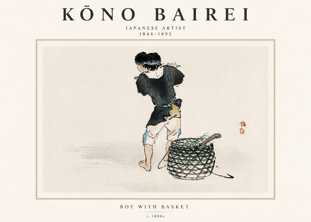 Kōno Bairei Boy with Basket No3 - Plakat
