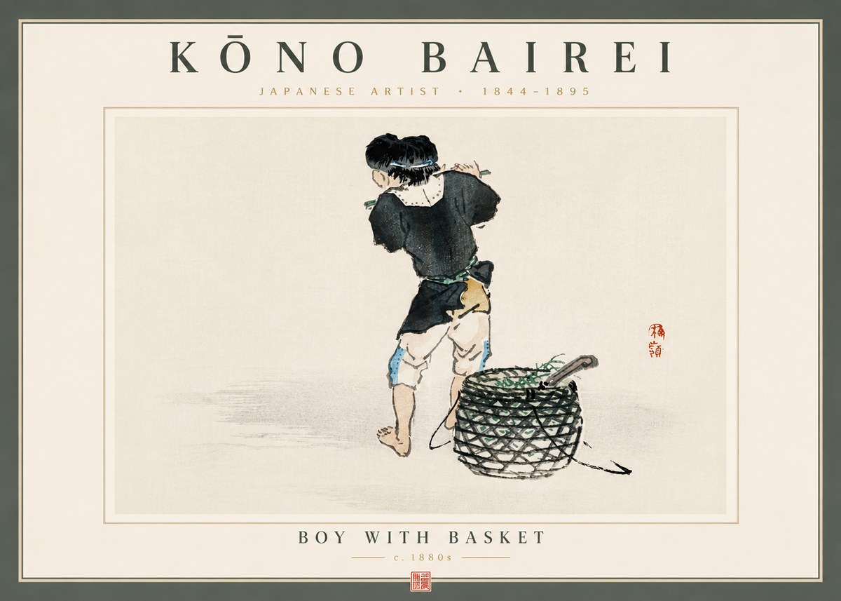 Kōno Bairei Boy with Basket No6 - Plakat