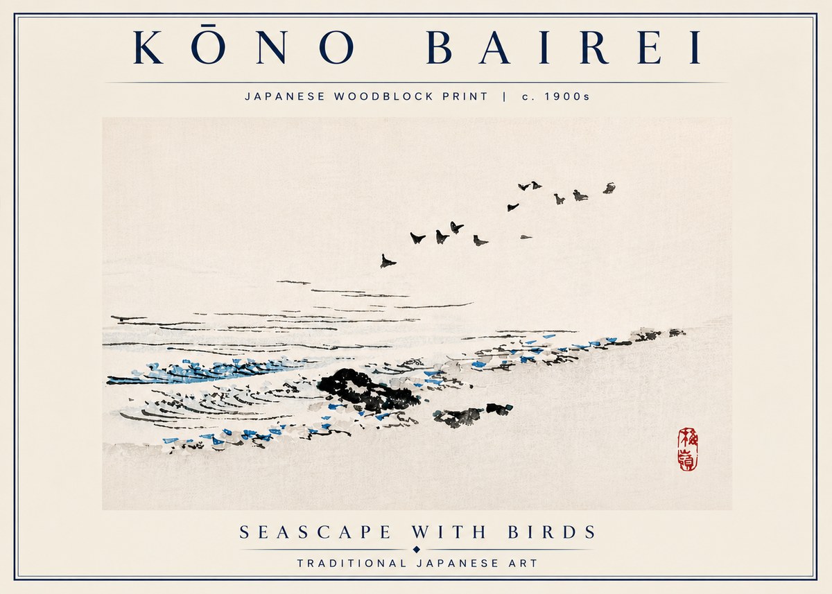 Kōno Bairei Seascape with Birds No6 - Plakat