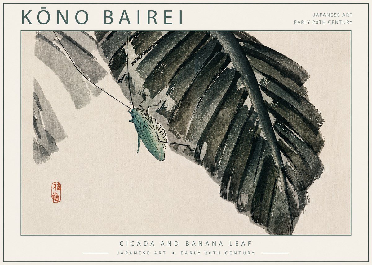 Kōno Bairei Cicada and Banana Leaf No5 - Plakat