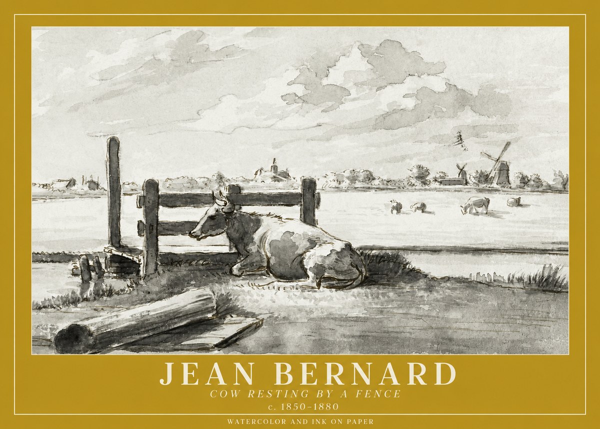 Jean Bernard Cow Resting by a Fence No1 - Plakat