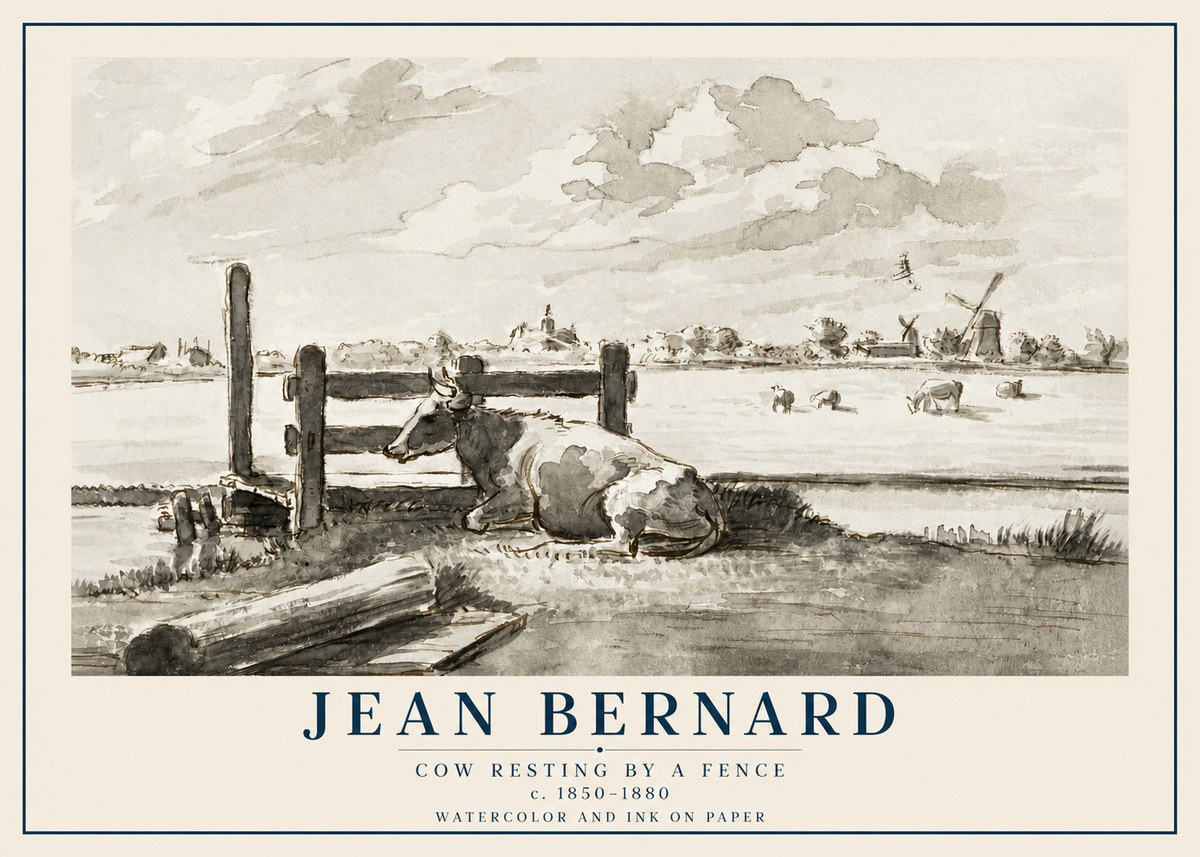 Jean Bernard Cow Resting by a Fence No2 - Plakat