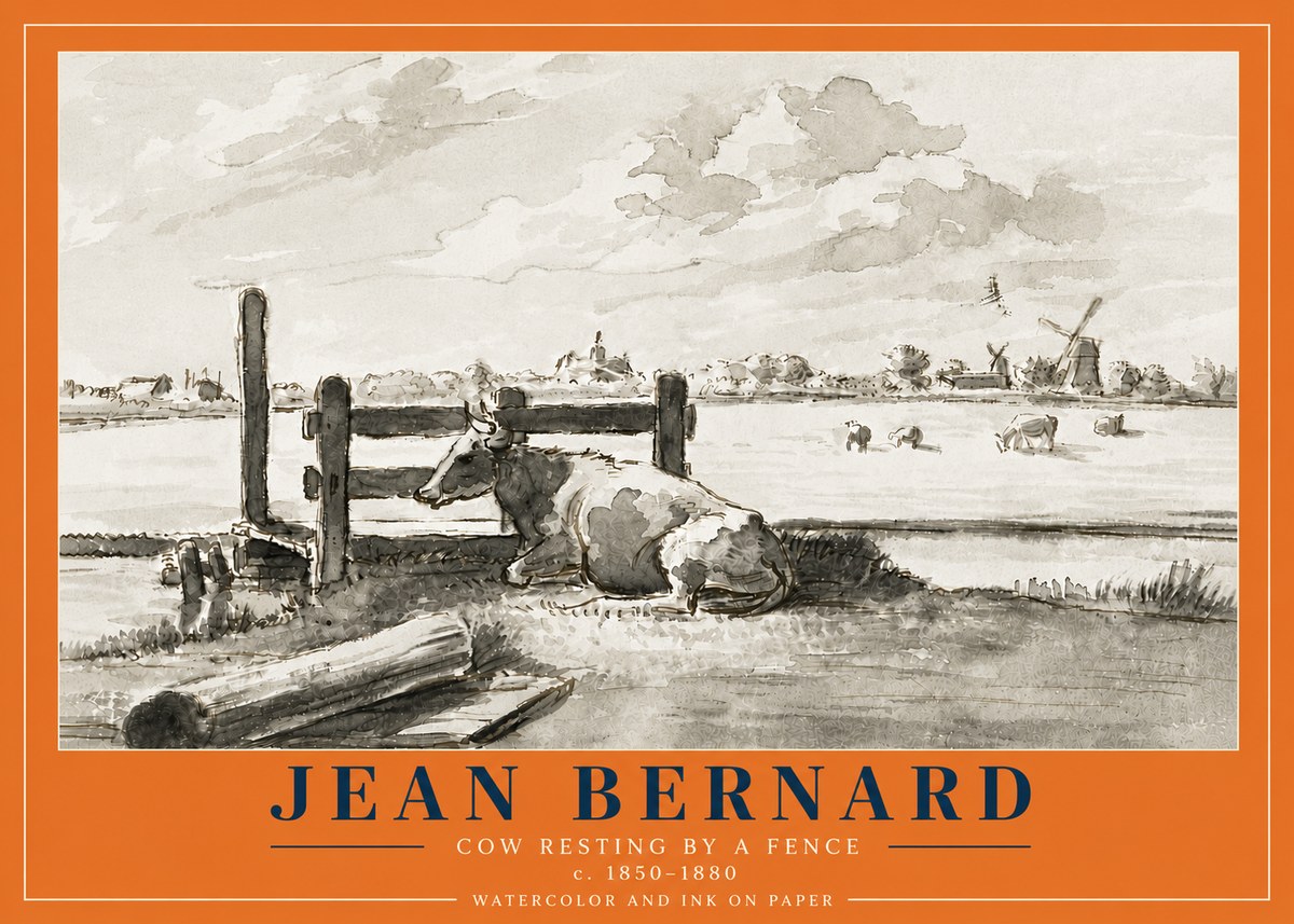 Jean Bernard Cow Resting by a Fence No6 - Plakat
