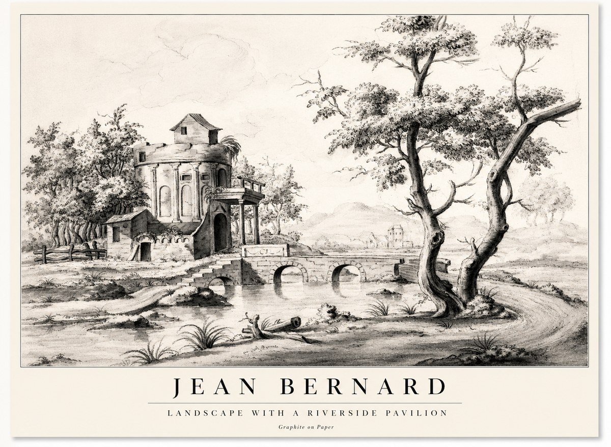 Jean Bernard Riverside Landscape with Bridge and Tower No2 - Plakat