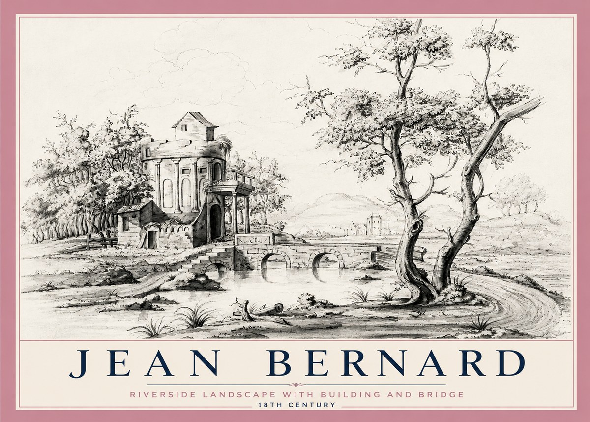 Jean Bernard Riverside Landscape with Bridge and Tower No6 - Plakat