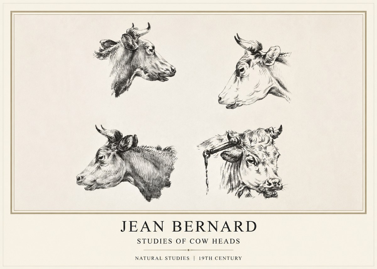 Jean Bernard Studies of Cattle - Four Heads No2 - Plakat