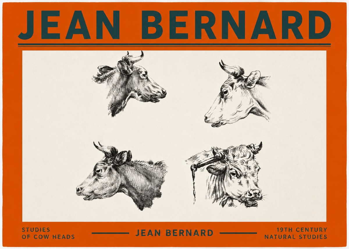 Jean Bernard Studies of Cattle - Four Heads No3 - Plakat