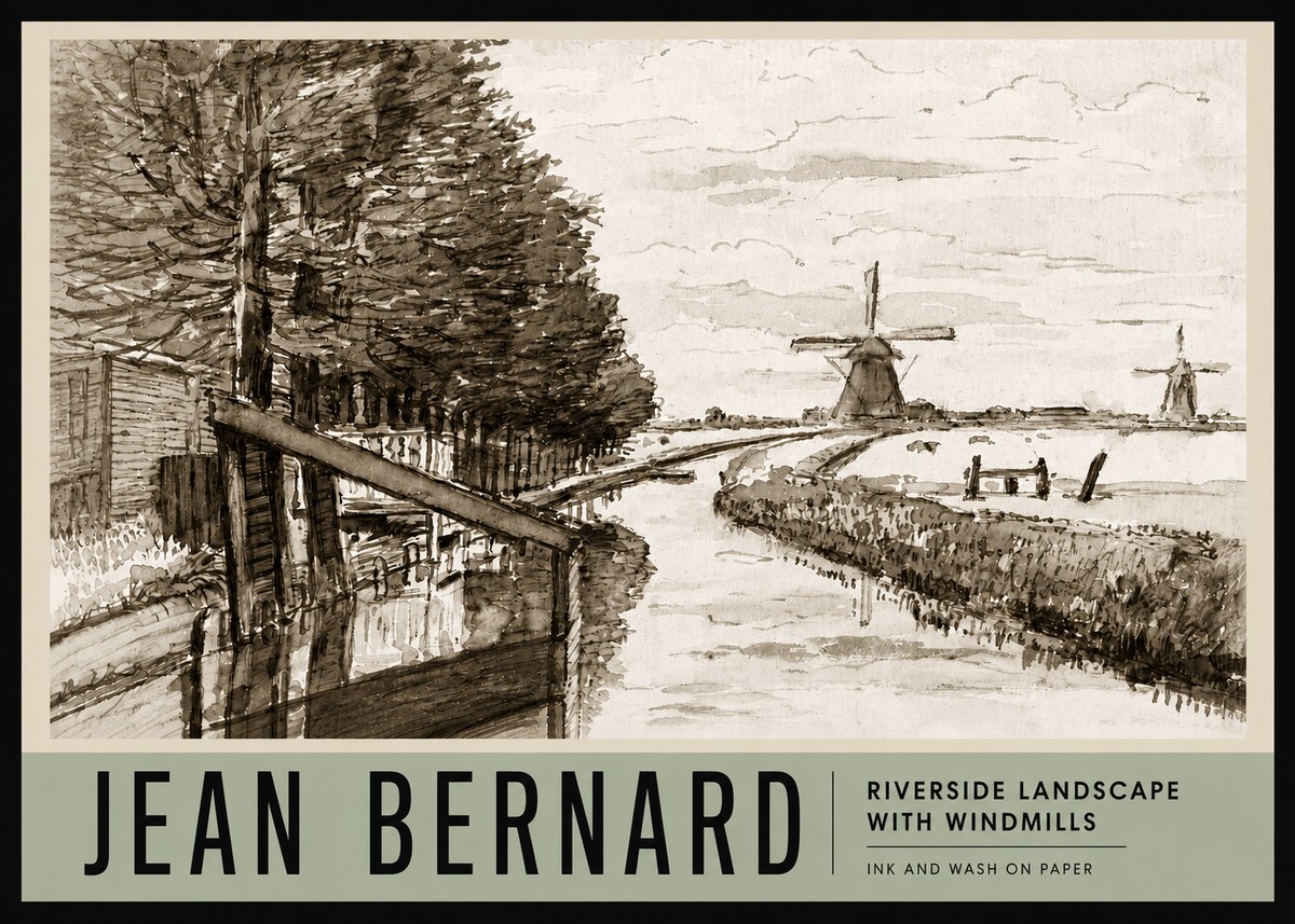 Jean Bernard Riverside Landscape with Windmills No3 - Plakat
