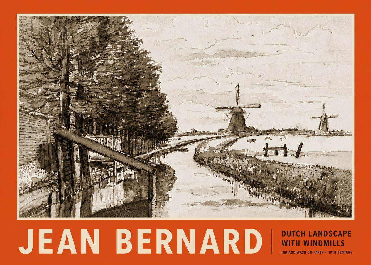 Jean Bernard Riverside Landscape with Windmills No5 - Plakat