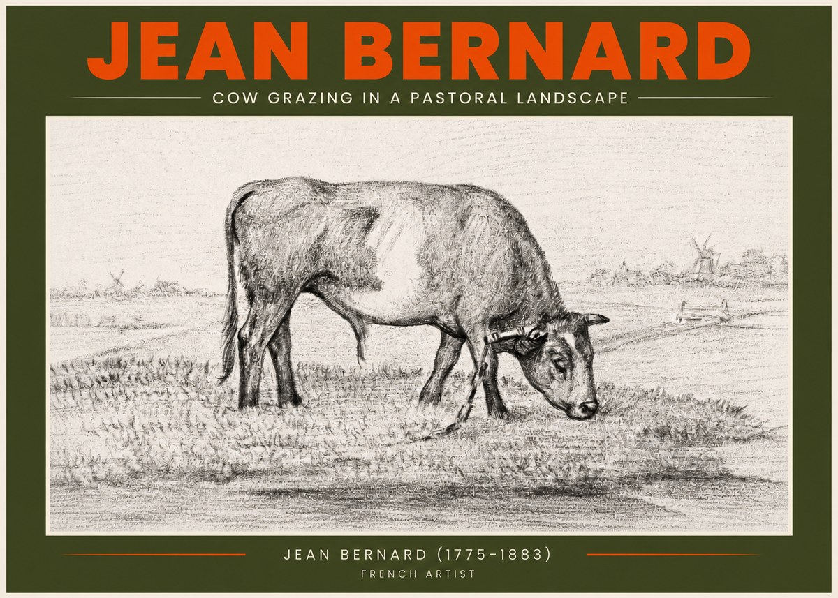 Jean Bernard Cow Grazing in a Pastoral Landscape No3 - Plakat