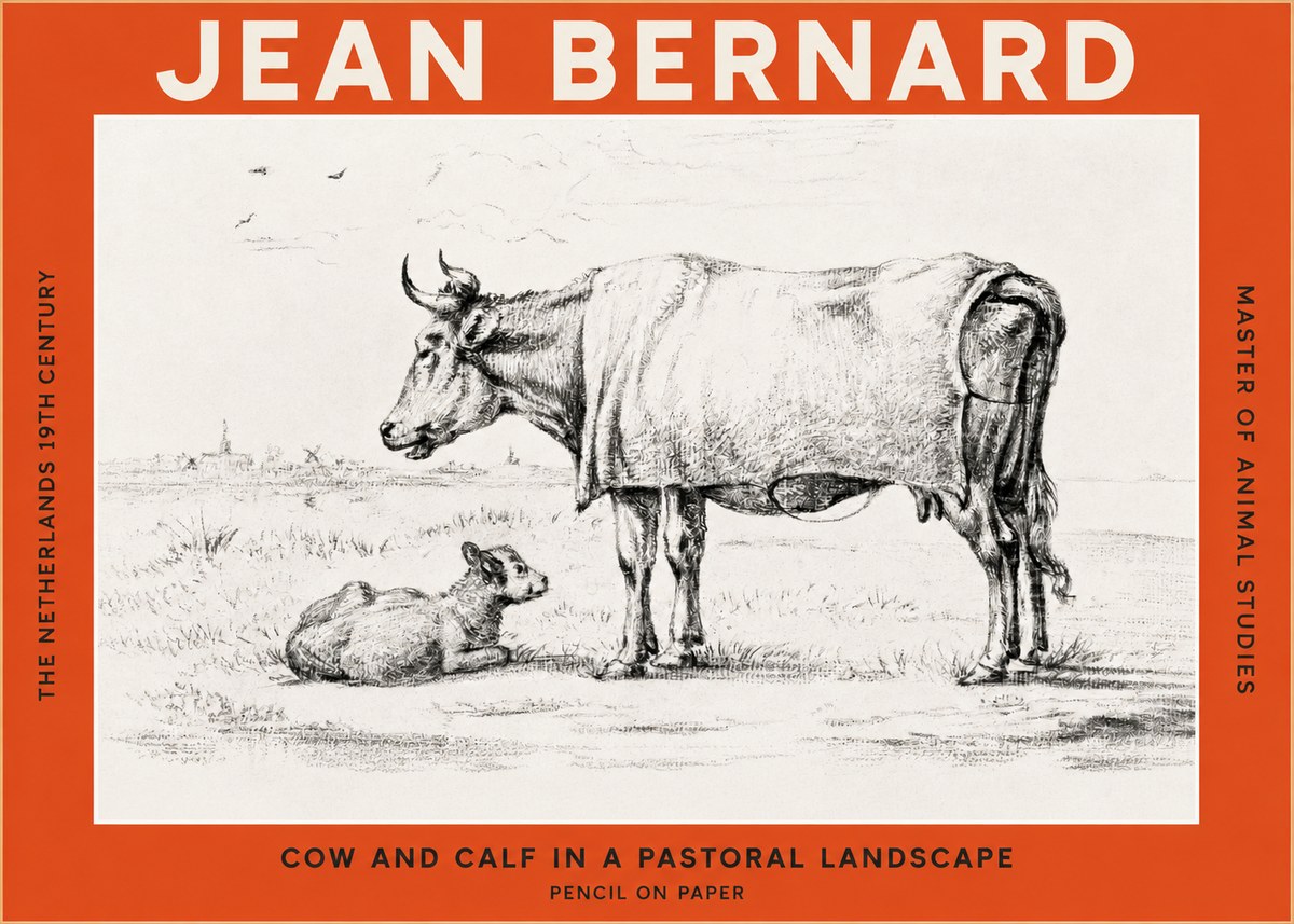 Jean Bernard Cow and Calf in a Pastoral Landscape No2 - Plakat