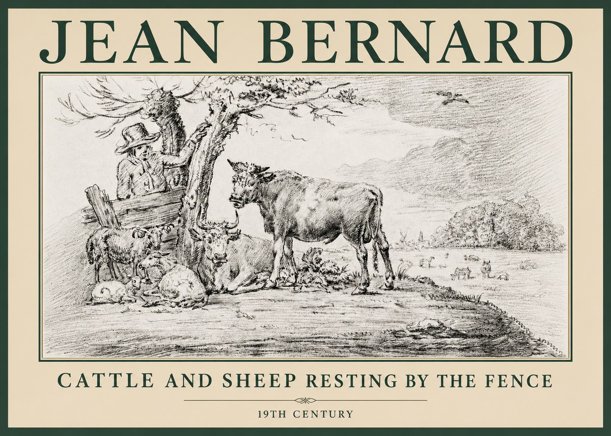 Jean Bernard Cattle and Sheep Resting by the Fence No4 - Plakat