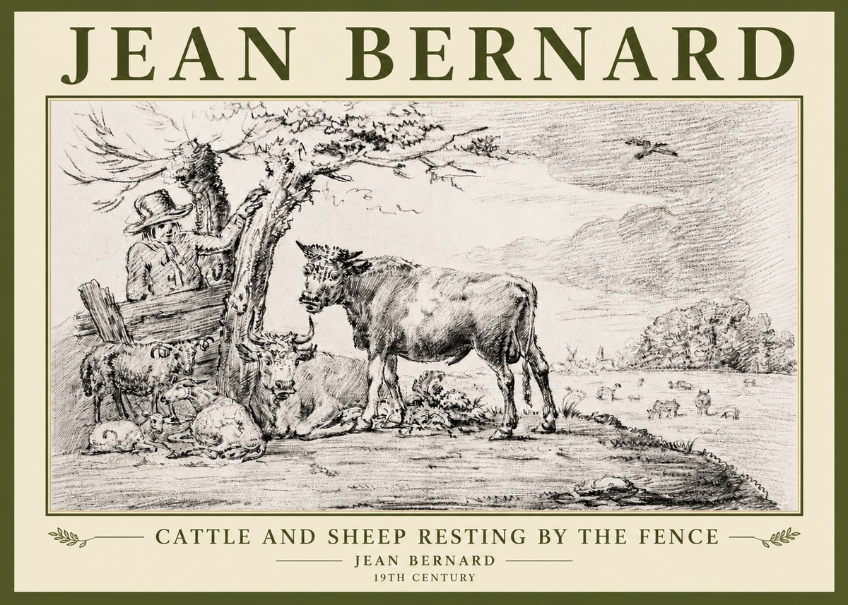 Jean Bernard Cattle and Sheep Resting by the Fence No5 - Plakat