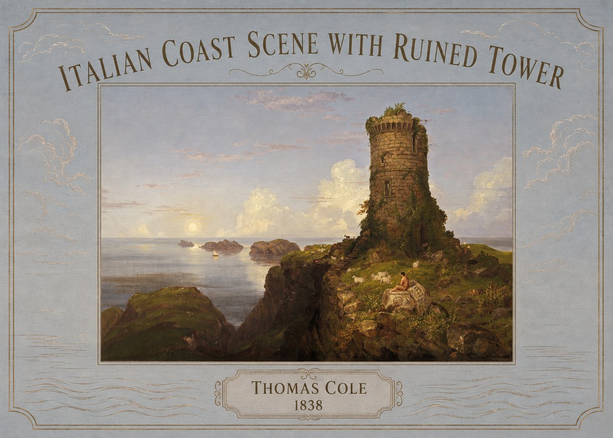 Thomas Cole Italian Coast Scene with Ruined Tower I No3 - Plakat