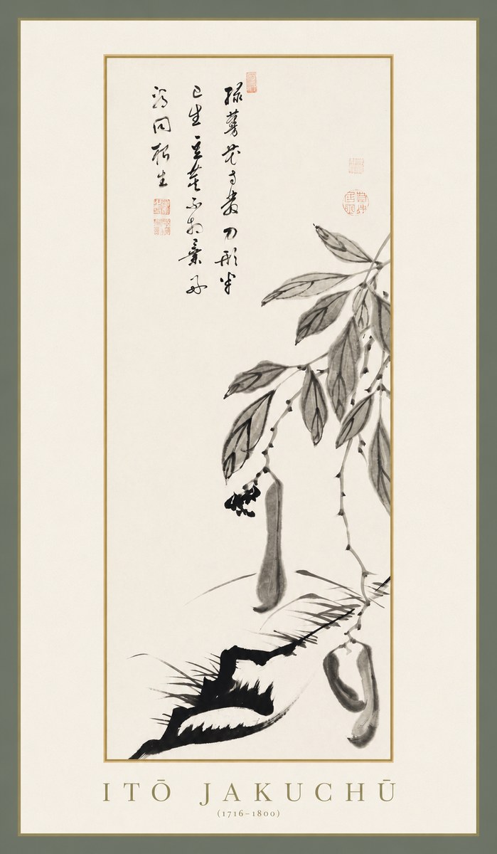 Itō Jakuchū Branch with Pods and Calligraphy No1 - Plakat