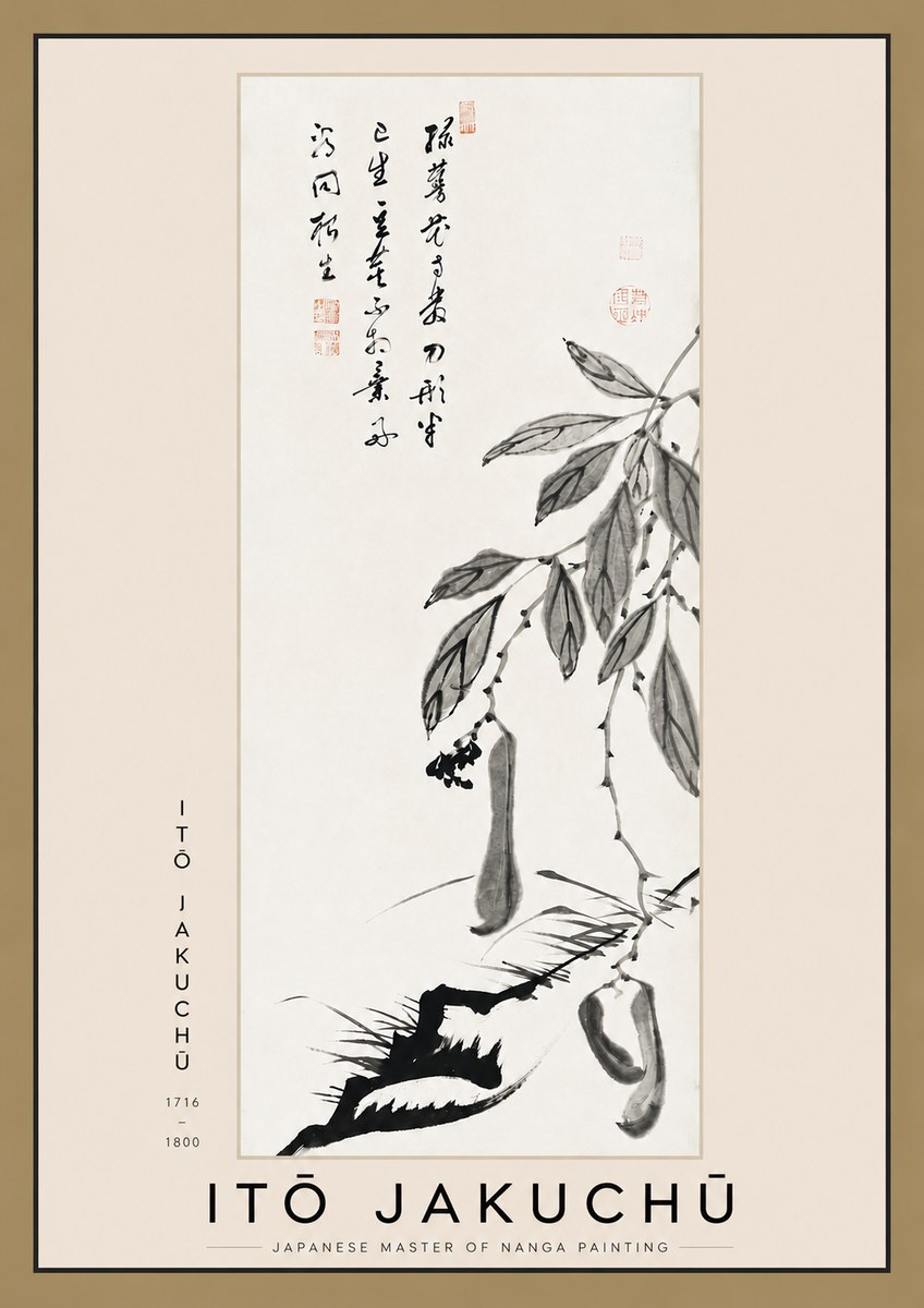 Itō Jakuchū Branch with Pods and Calligraphy No3 - Plakat