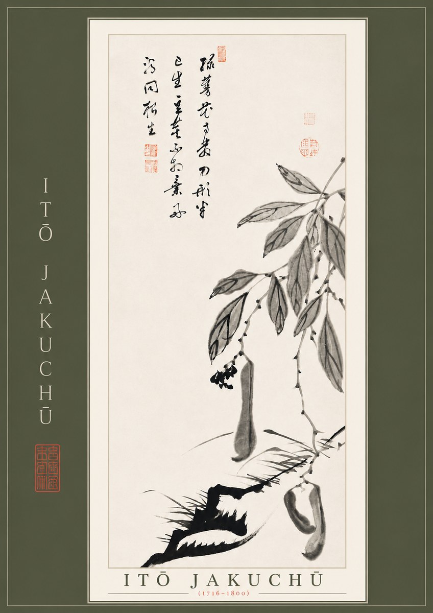 Itō Jakuchū Branch with Pods and Calligraphy No4 - Plakat