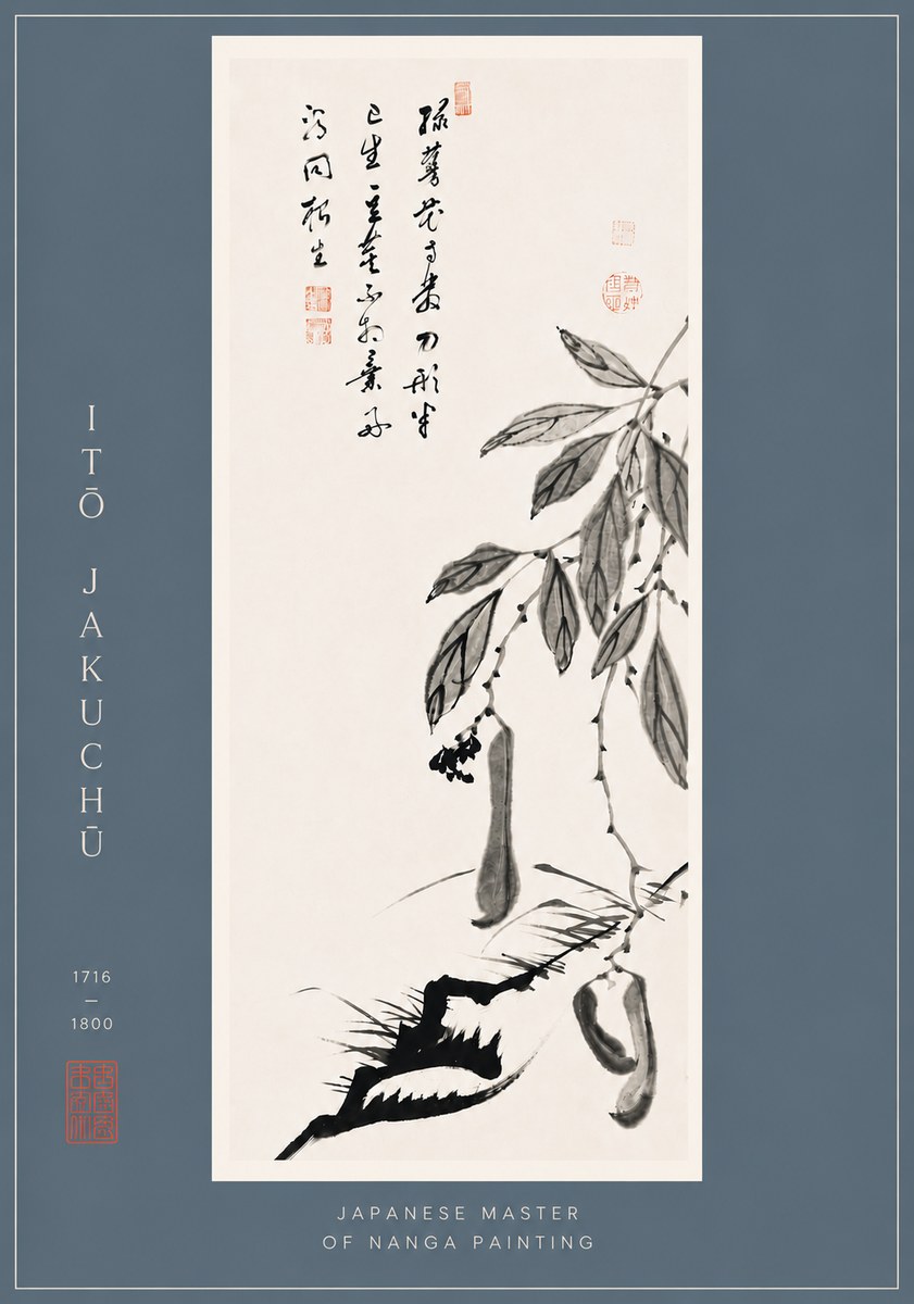 Itō Jakuchū Branch with Pods and Calligraphy No6 - Plakat