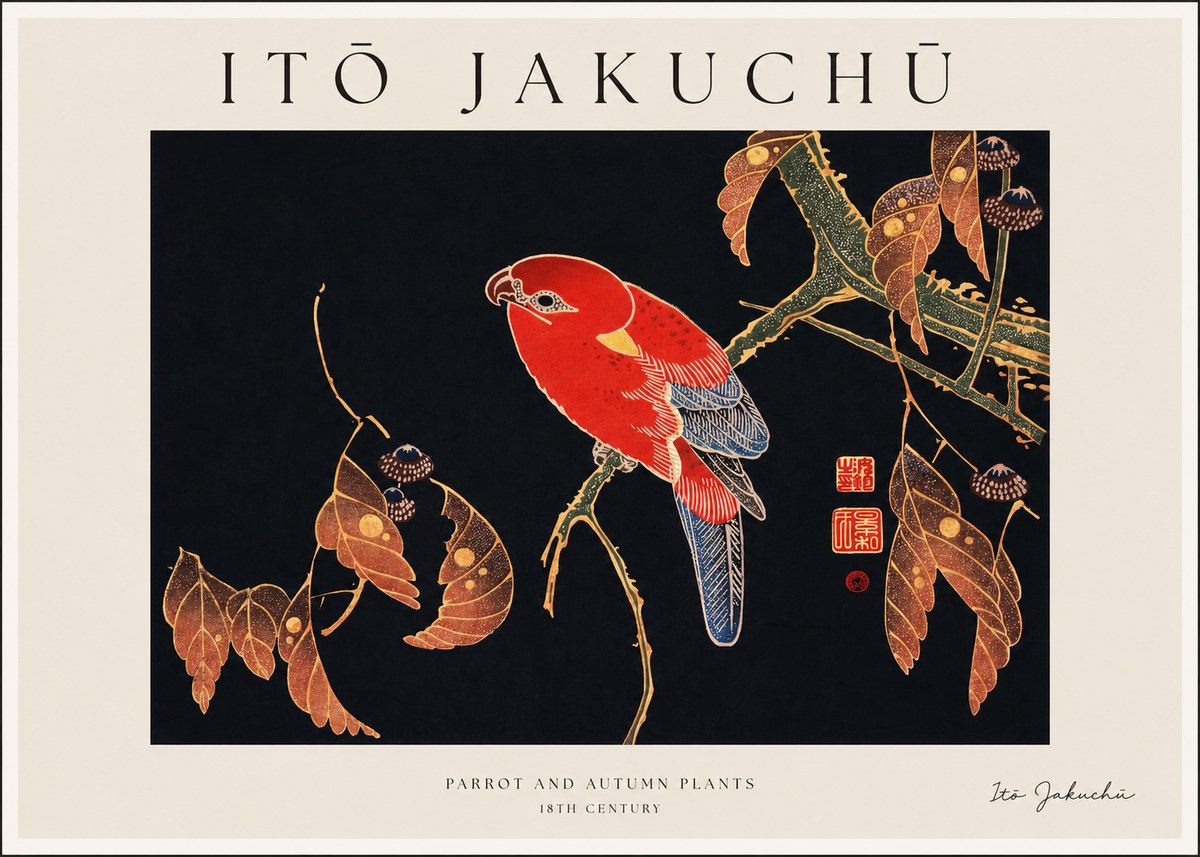 Itō Jakuchū Parrot and Autumn Plants No1 - Plakat