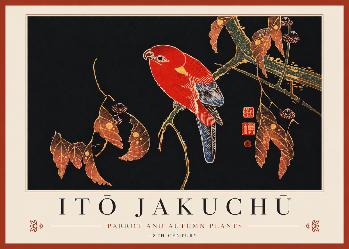 Itō Jakuchū Parrot and Autumn Plants No3 - Plakat