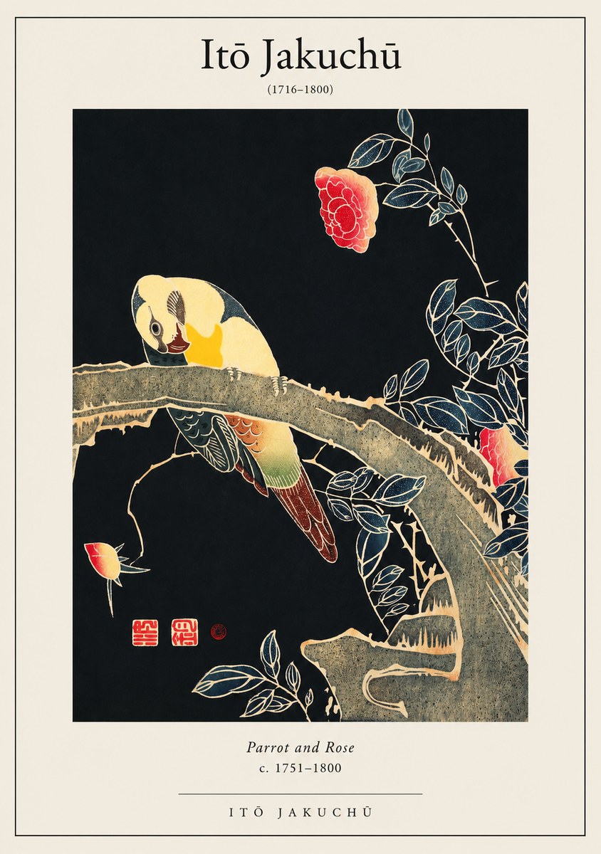 Itō Jakuchū Parrot and Rose No1 - Plakat