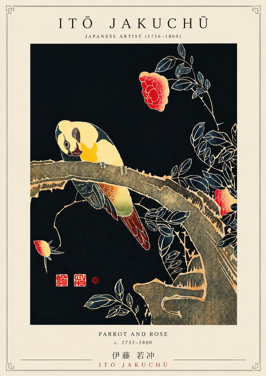 Itō Jakuchū Parrot and Rose No5 - Plakat