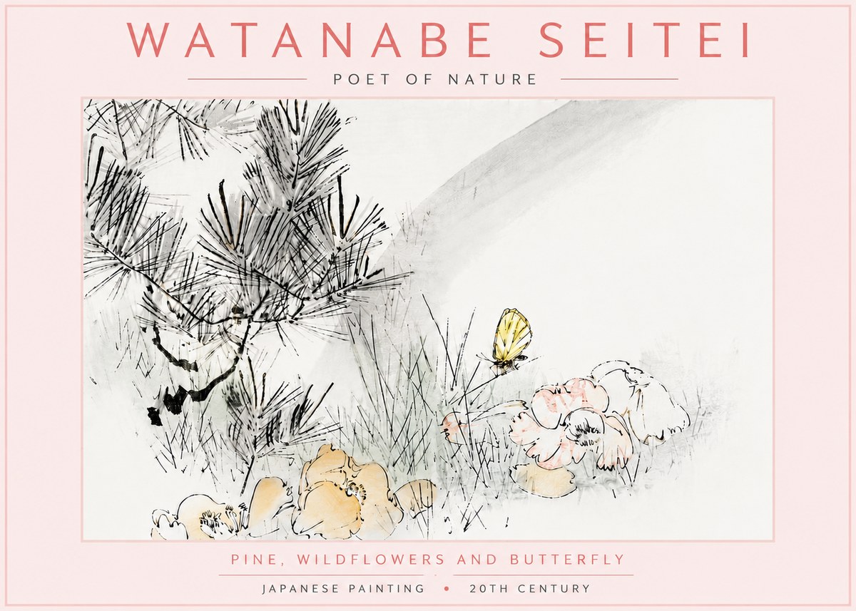 Watanabe Seitei Pine, Wildflowers and Butterfly No6 - Plakat