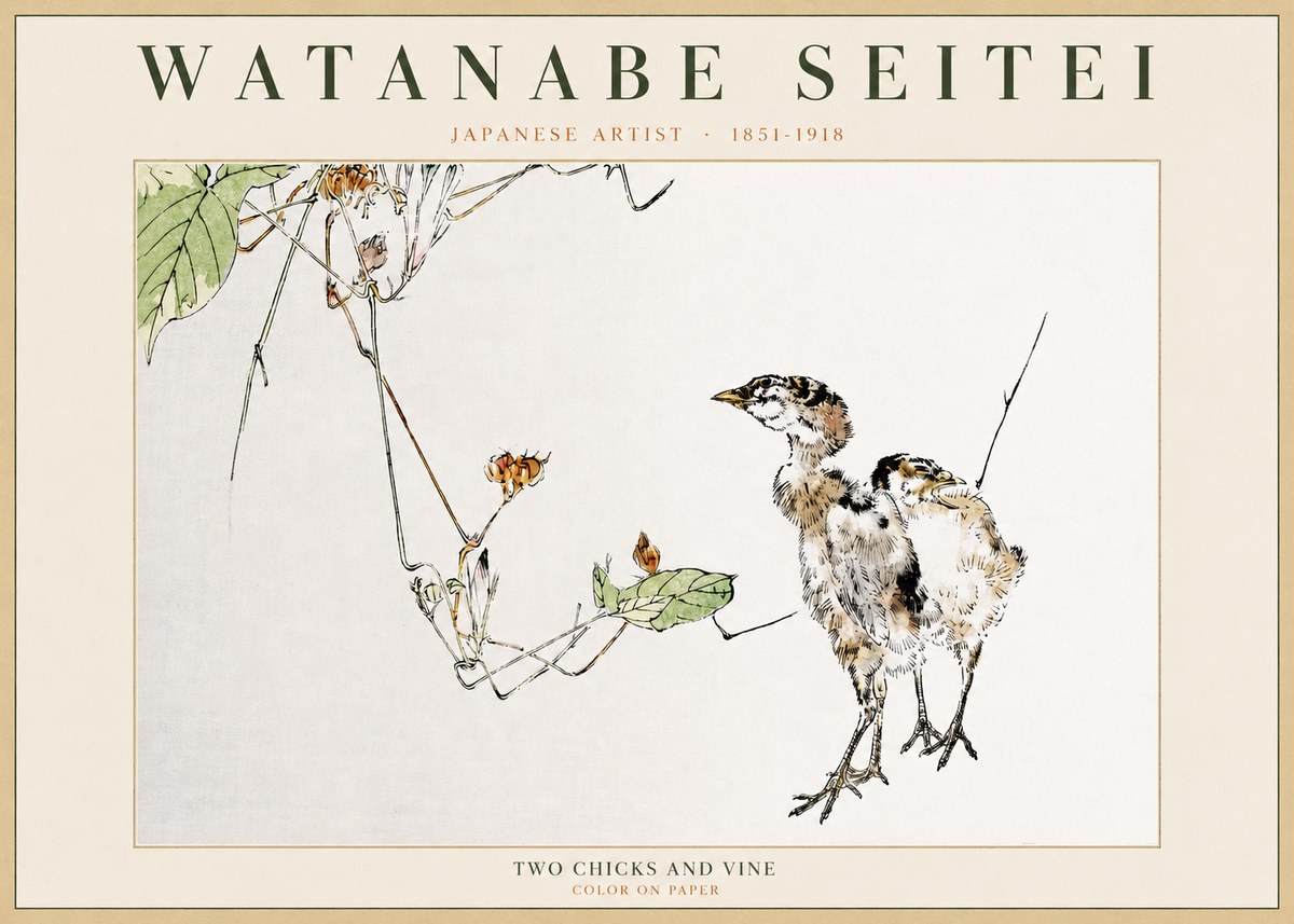 Watanabe Seitei Two Chicks and Vine No2 - Plakat