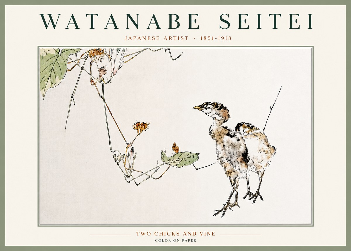 Watanabe Seitei Two Chicks and Vine No4 - Plakat