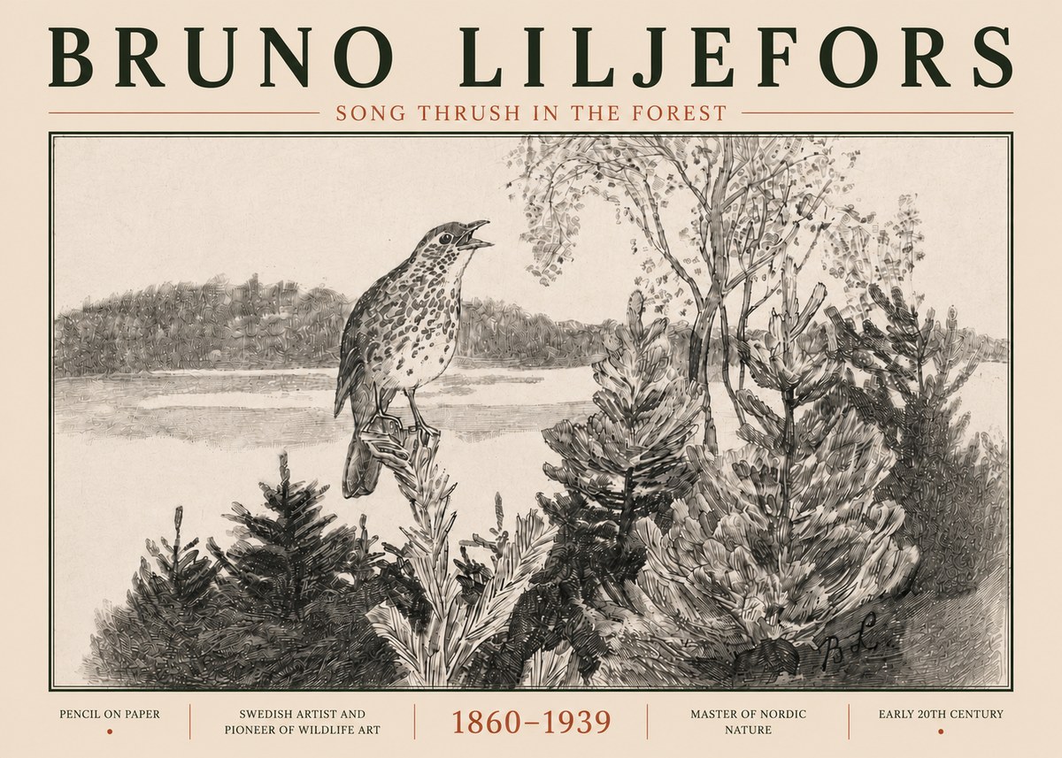 Bruno Liljefors Song Thrush in the Forest No5 - Plakat