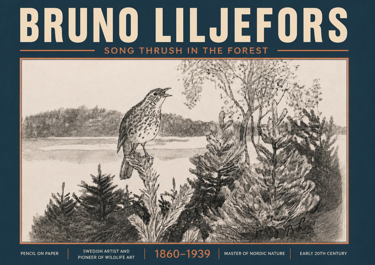 Bruno Liljefors Song Thrush in the Forest No6 - Plakat