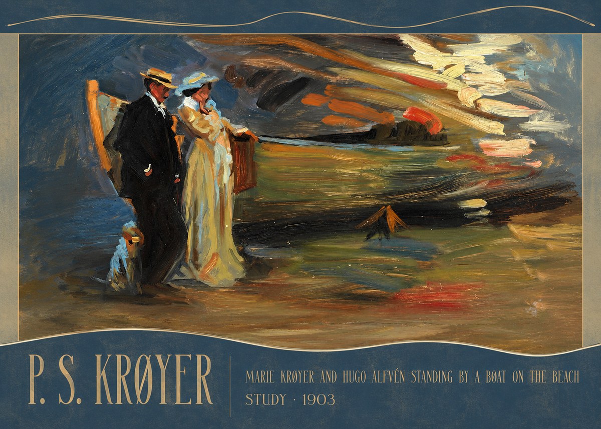 P.S. Krøyer Marie Krøyer and Hugo Alfvén Standing by a Boat on the Beach - Study · 1903 No3 - Plakat