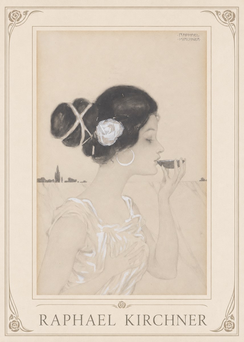 Raphael Kirchner Elegant Lady with Rose and Cup No1 - Plakat